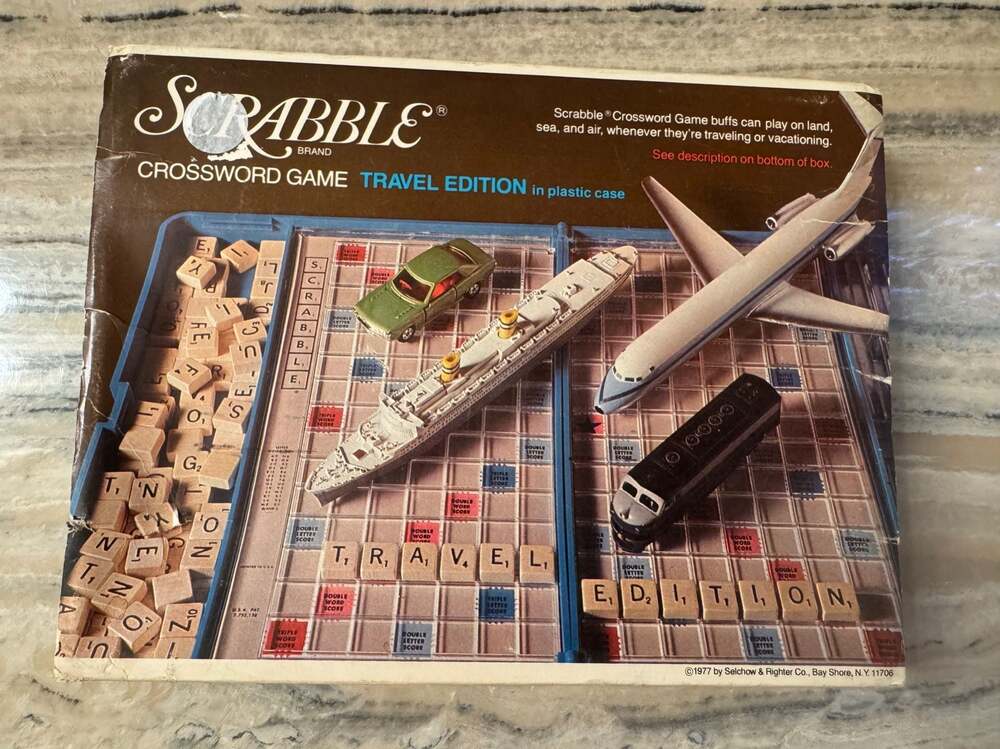 Vintage 1977 Scrabble Crossword Game Travel Edition No. 52 in Blue Plastic Case